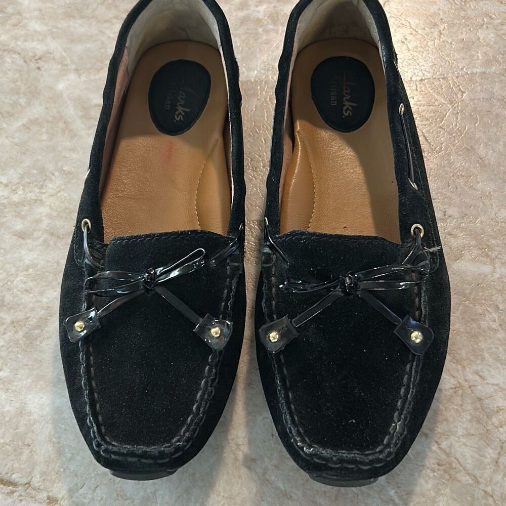 CLARKS Black Suede Driving Moccasins Size 8